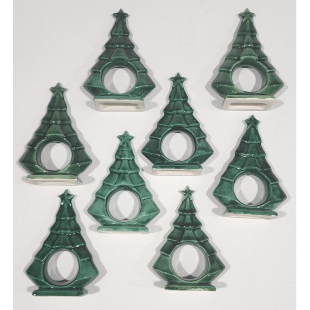 Vintage Christmas Tree Green Napkin Rings Holders Ceramic Set Of 8